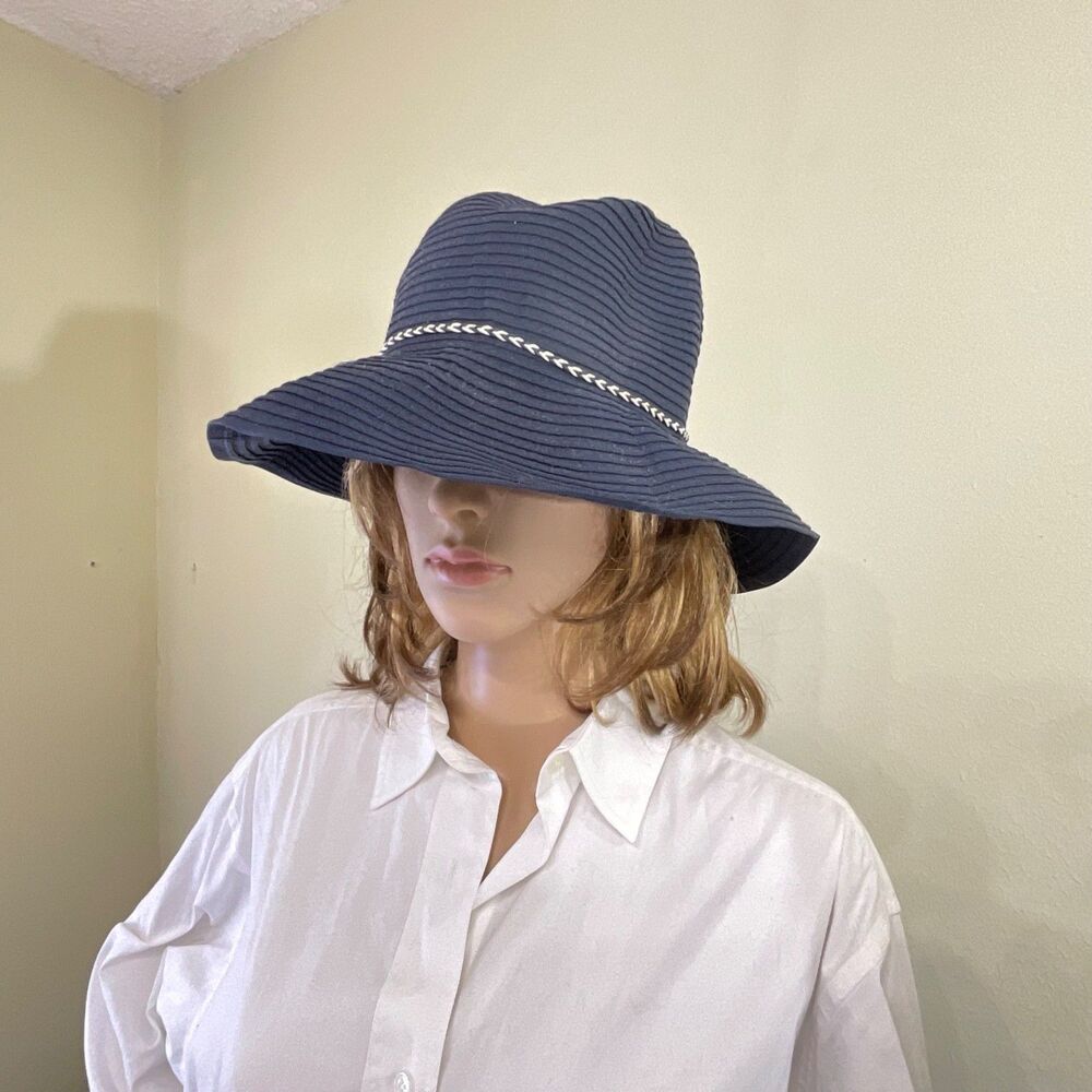 Coolibar Audrey Ribbon UPF 50+ wide brim Hat packable OS adjustable Navy blue